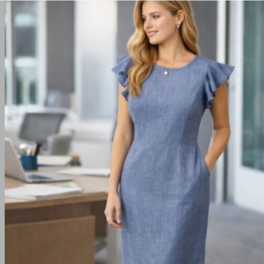 Alex Marie Blue Sheath Midi Dress 12 Ruffle Sleeve Career Office Chic Church